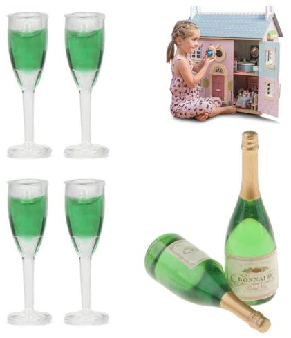 2 Pièces Bouteilles de Champagne,4 PCS Verres À Champagne,Maison de Miniature Bouteilles de Vin,Bouteilles de Champagne 1/12,Bouteilles De Vin Miniatures,pour Club Événements Salle Décoration