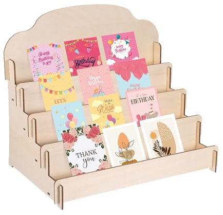 PATIKIL Grußkarten-Displayständer 4-Stöckig Aufkleber-Displayhalter Tragbar PoStkarten-Displayständer Aus Holz für Grußkarten-Displayständer für Fotos 15.8 x 10.4 x 14.2 Beige