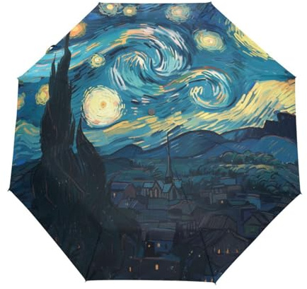 Retro Sternennacht Van Gogh Regenschirm Taschenschirm Kinder Jungen Mädchen UV-Schutz Auf-Zu Automatik Umbrella Verstärkt Winddichte Zusammenklappbar