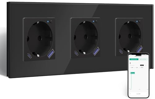 BSEED Wlan Schuko Steckdose mit USB C 20W Schnellladegerät,Smart Steckdose Unterputz mit Strommessung,Arbeit mit Alexa/Google Home,Stromzähler für Mehrfachsteckdose mit Smart Life App,3 Fach Schwarz