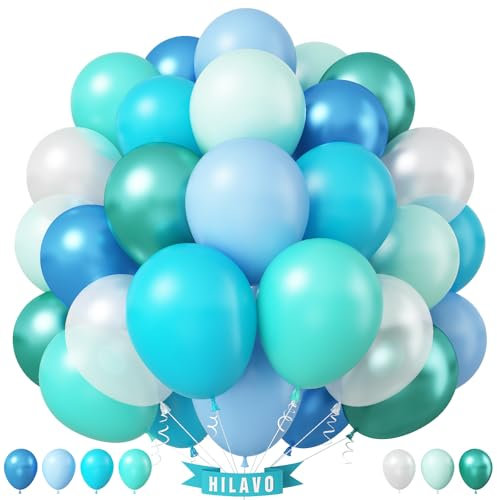 Luftballons Blau Türkis Grün 60 Stück 12 Zoll Ocean Blau Grün Weiß Luftballons Set Blaugrün Weiss Unter dem Meer Geburtstag Party Ballons Deko für Jungen Hai Wal Unterwasserwelt Babyparty Dekorationen