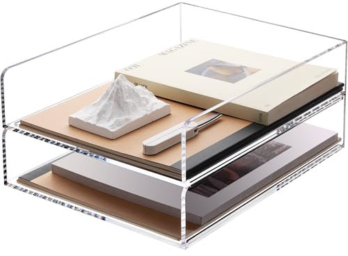 SANRUI Stackable Paper Tray Organiser, A4 Letter Trays for File Folders, Magazines, Documents,Mails, 2 Tier Acrylic File Organizer, Desk Organiser for Office, School, Home - Clear