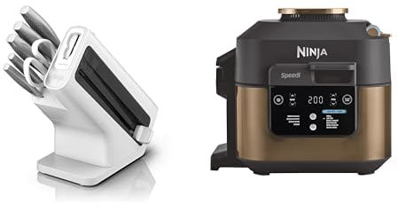 Bloc-couteaux Ninja Foodi StaySharp avec Affûteur, 6 Pièces Aiguisés, Acier Inoxydable, K62006EUWH + Ninja Speedi 10-en-1 Cuiseur rapide, Air Fryer, Multicuiseur, Repas pour 4 en 15 minutes, ON400EUCP