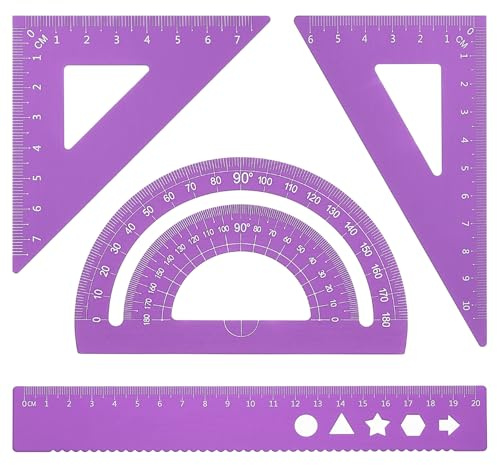 PATIKIL 4Pz Set di Squadra Triangolare Righello Metrico 20cm Viola | Squadra Triangolare 45°60° e Goniometro, Alluminio