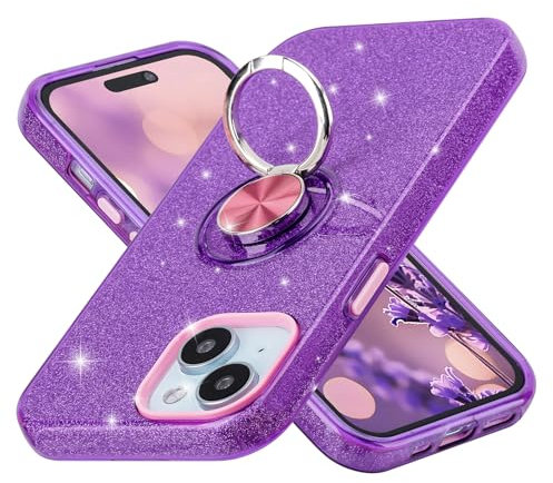 wisdompro Glitter Case for iPhone 15 Plus/14 Plus (6.7 Inch), Bling Sparkle Case with 360° Ring Kickstand for Girls Women, Cute Sparkly Protective Phone Cover - Purple