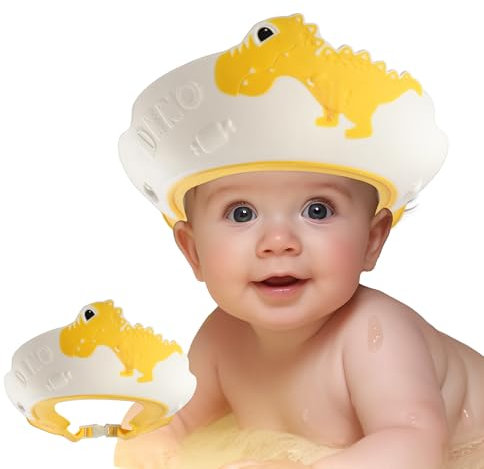 Baby Shower Cap Shield, Shower Cap for Kids, Visor Hat for Eye and Ear Protection for 0-9 Years Old Children, Cute Dinosaur Shape Makes the Baby Bath More Fun (Yellow)