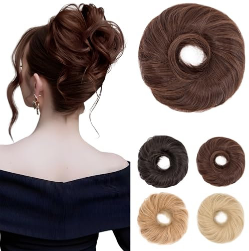 Benehair Haarteil Mit Gummiband Dutt Haarteil Haargummi Mit Haaren Synthetisch Haarverlängerung Haardutt Messy Bun für Damen Mädchen(Dunkelbraun aus Helles Kastanienbraun, 55g)