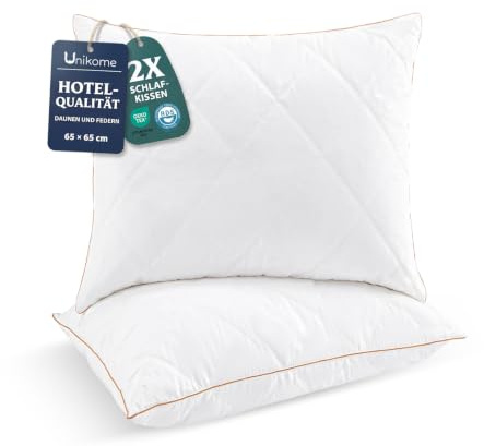UNIKOME Daunenkissen 65x65cm, Gänsedaunen Kopfkissen 2er Set | Weiß Federkissen, Luxuriöses Feder Daunen Kissenkern,100% Bio-Baumwollstoff Für Allergiker, Maschinenwaschbar, Oeko-TEX