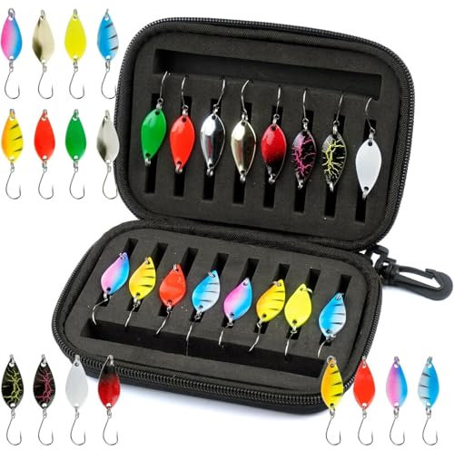 RODISHOMM 16-teiliges Forellen-Spoon-Set, Kunstköder Spinner und Blinker, 2,5g/3,5g/5g, Angelzubehör mit Aufbewahrungsbox für Hecht, Zander, Barsch und Forelle