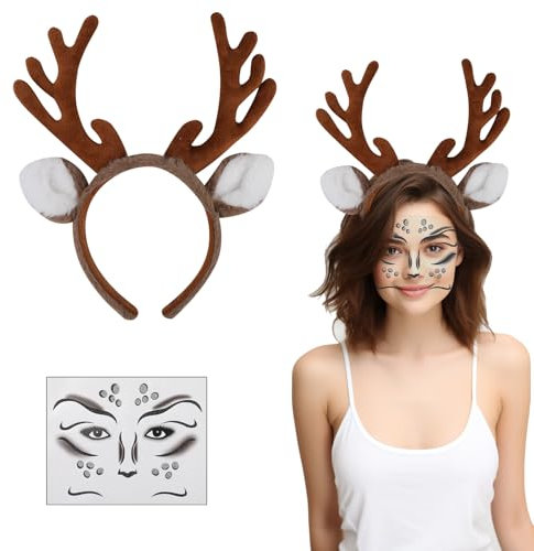 Karneval Kostüm Damen Mädchen, Haarreif Reh Geweih Hörner Rehohren mit Blumen + Reh Gesichtstattoo, Damen Kinder Reh kostüm Kopfschmuck Haarreifen Halloween Kostüm (Lange Reh Geweih)
