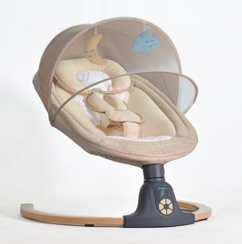 BEBE2LUXE AVA – Elektrische Babyschaukel/Babywippe, 5 Schaukelgeschwindigkeiten, Bluetooth, Musik, Timer, Fernbedienung, 5‑Punkt‑Gurt, bis 9 kg – Beige
