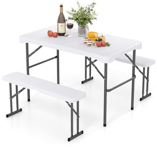 COSTWAY Folding Picnic Table and Bench Set, 4-Person Portable Camping Trestle Table Chairs, Outdoor Dining Table Set Furniture for Patio, Backyard and Poolside