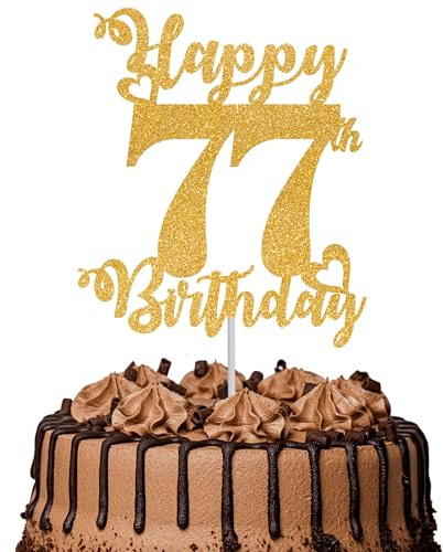 Tortenaufsatz Happy 77th Birthday, glitzernd, Aufschrift Cheers to 77 Years, Kuchendekoration, 77. Geburtstag, Party, Kuchendekoration, goldfarben, 1 Stück