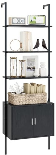 COSTWAY 5-Tier Ladder Shelf with Cabinet, 184cm Tall Wall Bookshelf Display Rack, Metal Frame Wooden Wall Mounted Bookcase Storage Shelving Unit for Living Room, Bedroom and Office, Black