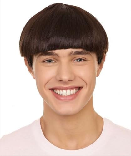 HPO Men's 9 Inch Retro Bowl Cut Wig – Adult Brown Anime Parties Synthetic Fiber Hair | Soft Wigs for Festivals and Halloween Party