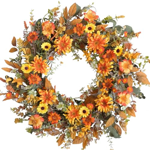 Corona autunnale Crisantemo arancione, margherita, ghirlanda di foglie verdi