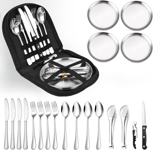 Set de vaisselle de camping pour 4 personnes, 20 pièces Set de couverts de camping portable, couverts de camping en acier inoxydable avec pochette à couverts, fourchettes, couteaux et cuillères, réuti