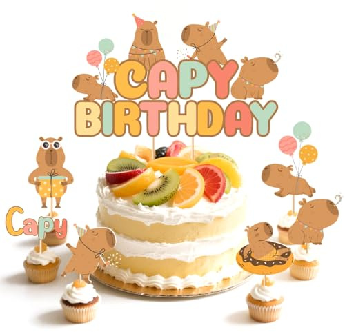 FloralGrace Capibara Kuchen Topper Et 12 Pièces Cupcake Topper Set Décoration Style Estival Chill Capibara Anniversaire Accessoires pour Fête Enfants 1-10 Ans