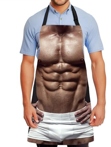 Lustig Kreative Grillschürze mit 3D Muskelmann Geschenk für Männer Papa | Verstellbare Sexy Küchenschürze Wasserdicht Lätzchen Chef Schürzen für Küche Garten Grill Party Weihnachten Freund Herren