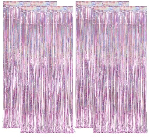 4 Stück Lametta Vorhang Rosa, Glitzervorhang Lametta Rosa Glitzer Vorhang Partydeko Hintergrund Folien Fransen Party Vorhänge für Geburtstagsdeko Mädchen Hochzeit Festivals Bühnendekor 1×2 m