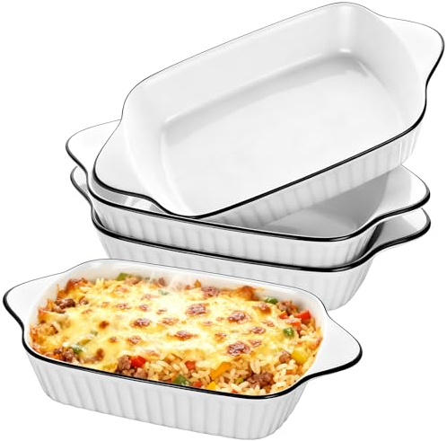 Hioph 4 Pack Lasagna Baking Dish Set, Ceramic Rectangular Dishes, Oven Dish | Individual Serving Dish with Handle for Pasta, Pie, Casserole, Cooking, Roasting, Dishwasher Safe& Microwave Safe (Ribbed)