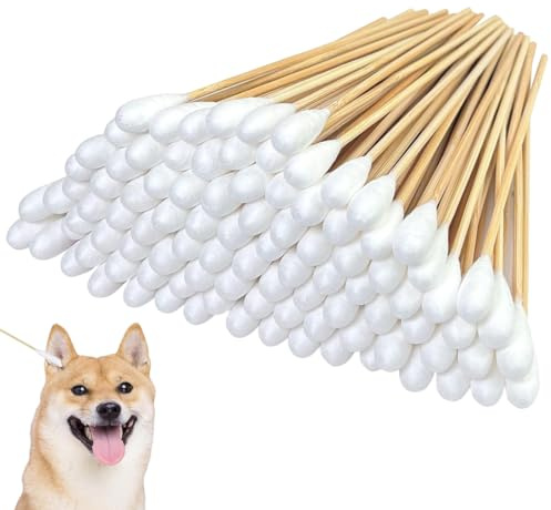 VAEIORP 100 Stück Hunde Wattestäbchen,Haustiere Ohrreiniger Lang, Ohrreinigungsstäbchen Haustier mit Breiter Kopf, für Haustiere Hunde, Katzen (12cm)