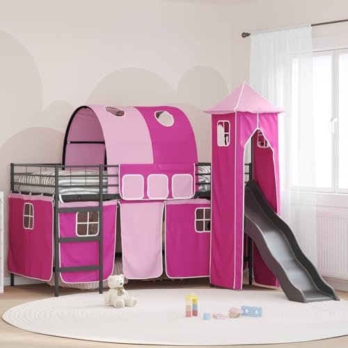 Kaloriko Schwarz Pink Hochbett Rahmen, 99,5 x 200 cm Metallbett mit Rutsche, Turm, Vorhängen, Kinderbett für Abenteuer, modernes Design