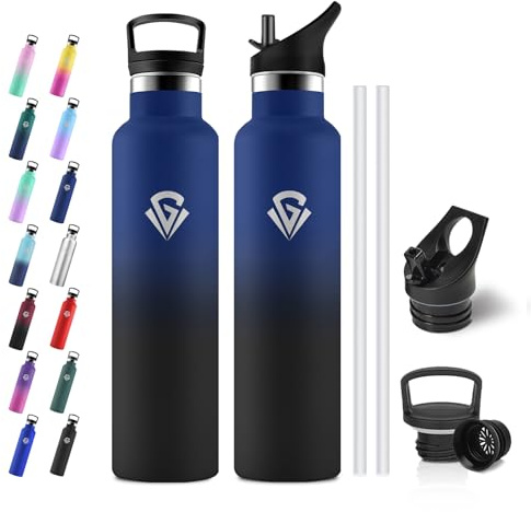 JAPORIA Bouteille d'eau 1L, Gourde Inox avec Paille, Acier inoxydable à Double Paroi Isolée, Gourde Isotherme pour Adultes, Sport, Alpinisme, Cyclisme, Yoga