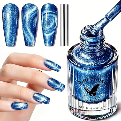 Cat Eye Nail Polish Without UV Lamp –Blue Magnetic 3D Effect 12ml | Nails Polish Non Gel with Magnet,Glassy Glossy Fast Drying, Nails Tip Glue, Art Salon Home for Women