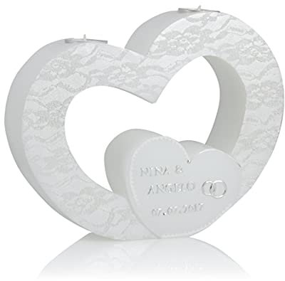 Wiedemann Hochzeitskerze Doppelherz mit Spitzenmusteroptik Teelichteinsatz, Wachs, Silber, 20.5 x 24.5 cm