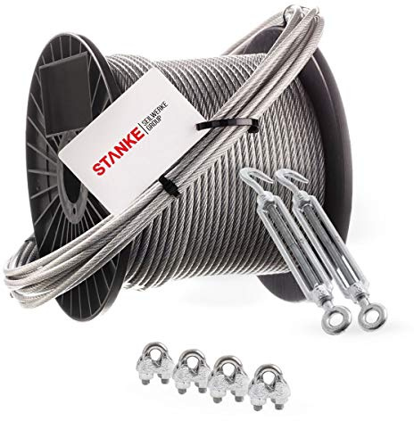 Seilwerk STANKE Rankhilfe PVC Drahtseil ummantelt verzinkt 50m 4mm | Stahlseil 6x7, 2x Spannschloss M6 Haken+Öse, 4x Bügelformklemme - SET 4 – Für Drahtseile, Abspannungen und Montageprojekte