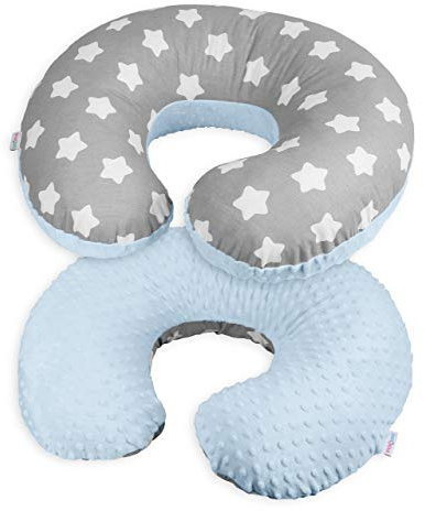 Nursing Pillow Dimple Breast and Bottle Feeding Cushion Baby/Newborn Washable Removable Cotton Cover Maternity Pregnancy Gifts (Blue/Big White Stars on Grey)