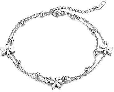JewelryWe Schmuck Damen Armband Fußkettchen Edelstahl Blume Kugel Charmsarmband Armkette Fußkette verstellbar Silber