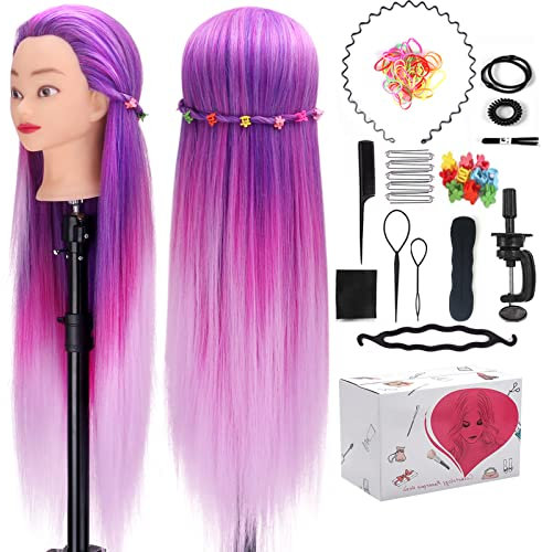 Frisierkopf für Frisöre, Mysweety Trainingskopf 100% Synthetisches Haar Steigung Übungskopf ür Kinder mit Haargeflecht Zubehör & Klemme, Lila 66cm #25