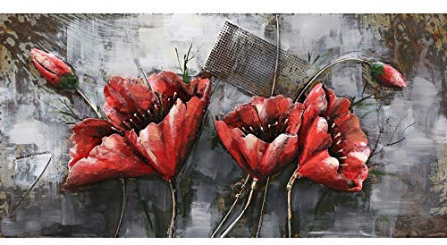 IDYL Metall-Bild Rote Blumen | 60x120x7 cm | handgefertigtes Blüten-Bild als Wandbild mit 3D-Effekt | Moderne Wand-Dekoration aus Metall für den Wohnbereich | Detailreiches Kunsthandwerk | 0192