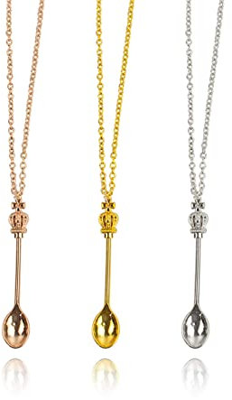 AUEAR, 3 Pack Mini Crown Spoon Necklace Snuff Spice Teaspoon Pendant for Women Gifts Gold Silver Rose Gold