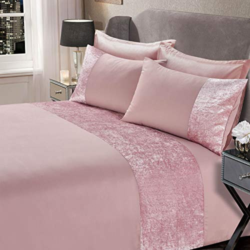 Sienna Crushed Velvet Panel Band Duvet Cover with Pillow Case Bedding Set - Silver Grey, Double