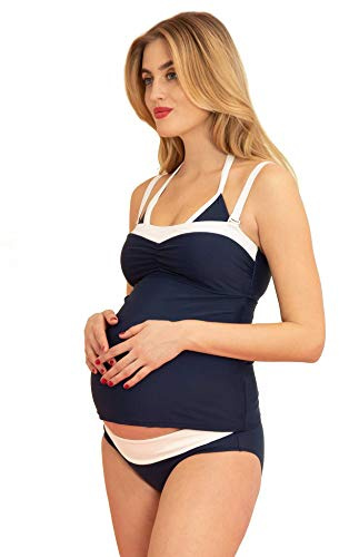 MAMARELLA Umstandsbademode Dreiteiler im Vintage Look S, Umstandstankini und Umstandsbikini in einem Set, Cups mit herausnehmbaren Polstern, für Schwangerschaft und Stillzeit, extra elastisch