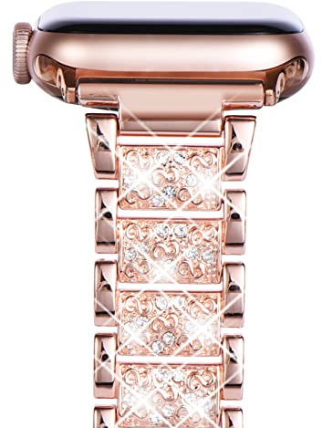 NewWays Kompatibel mit Apple Watch Metall Armband 46mm 45mm 44mm 42mm(Serie 10),Damen Bling Diamant Glitzer Edelstahl Ersatzarmbänder für iWatch SE Series 10/9/8/7/6/5/4/3/2/1,Roségold