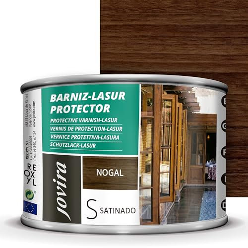 JOVIRA PINTURAS. BARNIZ LASUR PROTECTOR SATINADO (7 colores) Protege, decora y embellece todo tipo de madera (375 Mililitros, Nogal) H-44