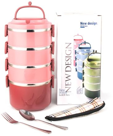 SANQIAHOME 4 Schichten Mehrschichtige stapelbare Edelstahl-Lunchbox,Auslaufsicher,rosa