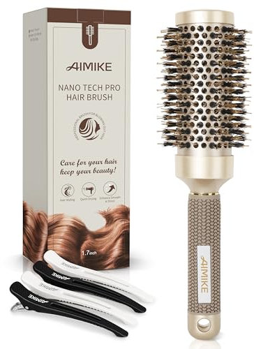 AIMIKE Round Hair Brush, Nano Thermal Ceramic & Ionic Tech Round Brush, Round Brushes for Blow Drying with Boar Bristles, Barrel Brush for Styling, Curling, Add Volume & Shine (74mm, Barrel 43mm)