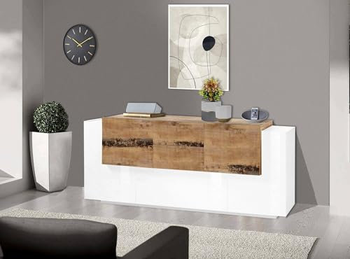 Dmora - Buffet Cesare, Buffet de cuisine avec 5 portes et 2 tiroirs, Buffet de salon, Buffet de cuisine, 100% Made in Italy, 220x45h86 cm, Blanc brillant et érable