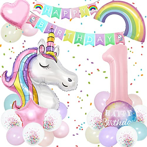 Einhorn Geburtstagsdeko - 3D Einhorn Luftballon & Riesen Folienballon Macaron, Happy Birthday Banner & Rainbow Cloud Balloons für Mädchen Geburtstags Festival Dekoration