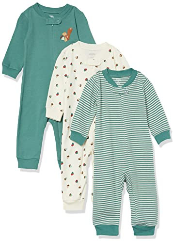 Amazon Essentials Unisex Baby Schlaf- und Spielanzug aus Baumwolle ohne Fuß mit Reißverschluss vorne, 3er-Pack, Hellgrün/Strawberries/Streifen, Frühchen