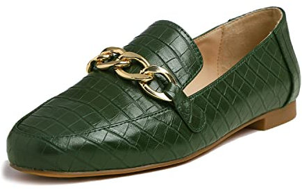 Feversole Women's Fashion Trim Deco Loafer Flats Dark Green Croc Chain Size UK 5