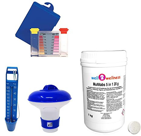 well2wellness® Poolzubehör Set/Pool Starter Set B Premium 4-teilig mit 1kg Multitabs 5in1 20g, Thermometer blau, Dosierer + Test Kit