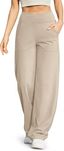 G4Free Damen Weite Hose Yogahose Hohe Taille Jogginghose mit Taschen Crossover Elegant Straighthose Bauchkontrolle Schlaghose Sporthose Petite/Regulär/Lang
