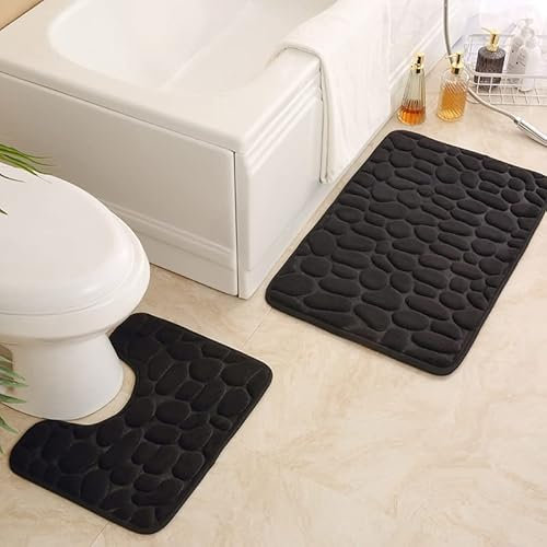 Rutschfeste 50 x 80 CM Badematte und 50 x 40 CM WC Vorleger 2 Teilig Badezimmerteppich Set Weiche Badvorleger mit Kopfsteinpflaster Muster Waschbare Badteppiche für Badezimmer ( Schwarz)