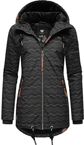 Ragwear Damen warme Winterjacke kurz wasserdicht mit Kapuze Zuzka Winter Black Zig Zag22 Gr. M